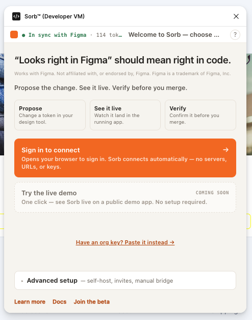 Sorb plugin front door on first open: 'Sign in to connect' with Advanced setup collapsed below it