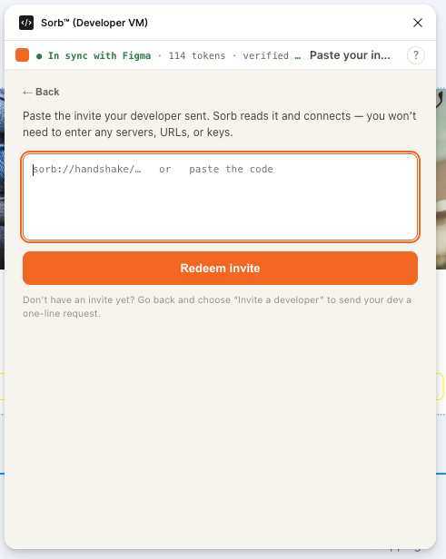 Sorb plugin 'Paste your invite' screen: a Back link, a large text field accepting a sorb://handshake/… link or the pasted code, and a Redeem invite button