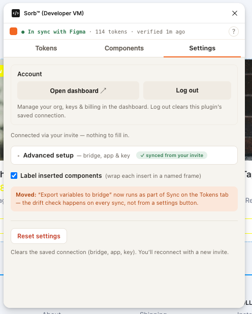 Sorb plugin Settings tab: an Account row with Open dashboard and Log out, a collapsed Advanced setup disclosure marked 'synced from your invite', the 'Label inserted components' checkbox, and a Reset settings button
