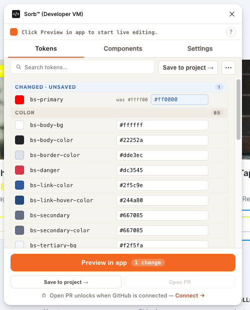 Sorb plugin Tokens tab: a search box and Save to project button above a token list whose CHANGED · UNSAVED group pins bs-primary (was #ffff00, now #ff0000) over the COLOR group; a Preview in app button with a '1 change' badge sits at the bottom